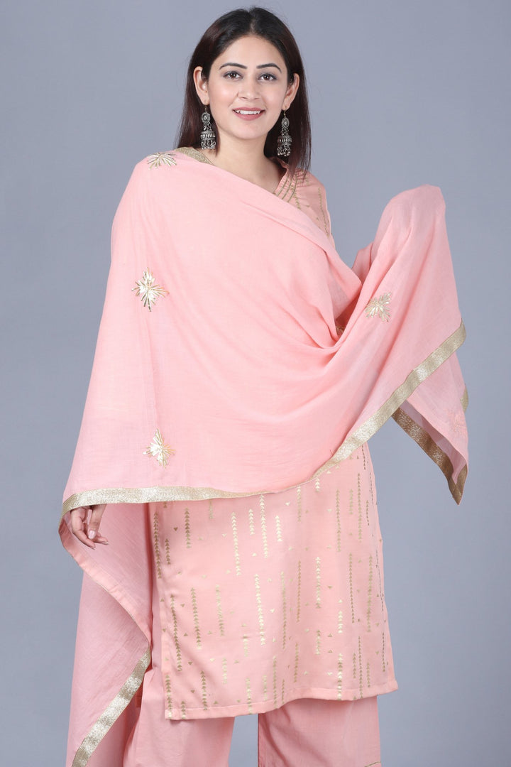 anokherang Combos XS Imperial Peach Foil Printed Straight Kurti with Straight Palazzos and Gotta Embroidered Dupatta