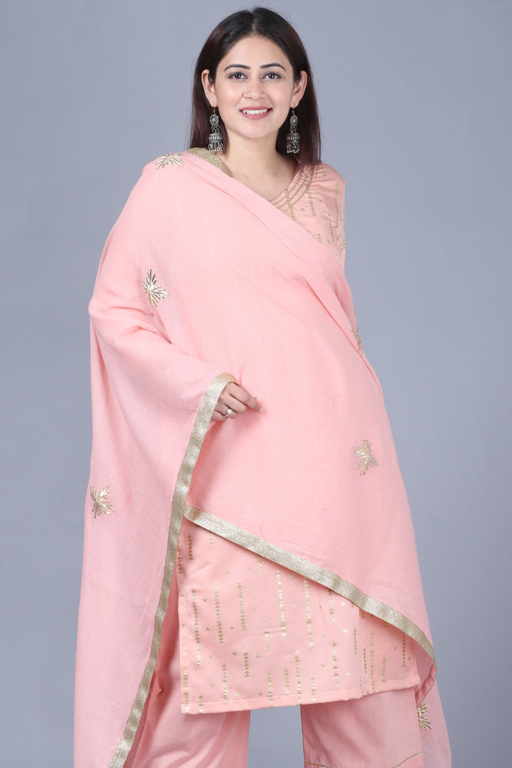 anokherang Combos XS Imperial Peach Foil Printed Straight Kurti with Straight Palazzos and Gotta Embroidered Dupatta