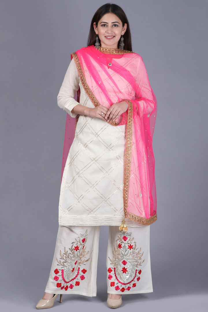 anokherang Combos XS Ivory Treasure Gotta Kurti with Gotta Embroidered Palazzo and Pink Mirror Stone Net Dupatta