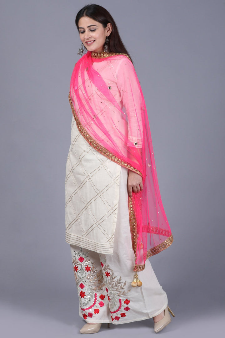 anokherang Combos XS Ivory Treasure Gotta Kurti with Gotta Embroidered Palazzo and Pink Mirror Stone Net Dupatta
