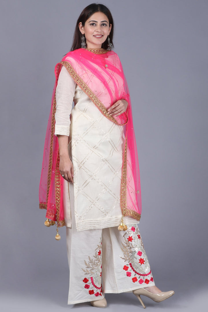 anokherang Combos XS Ivory Treasure Gotta Kurti with Gotta Embroidered Palazzo and Pink Mirror Stone Net Dupatta