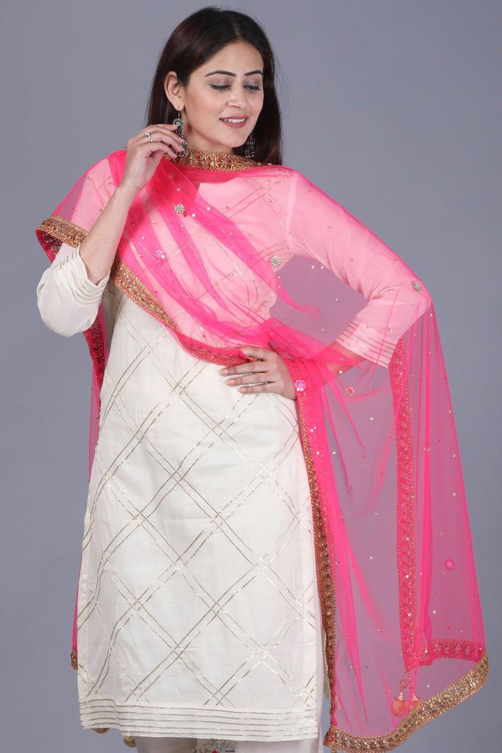 anokherang Combos XS Ivory Treasure Gotta Kurti with Gotta Embroidered Palazzo and Pink Mirror Stone Net Dupatta