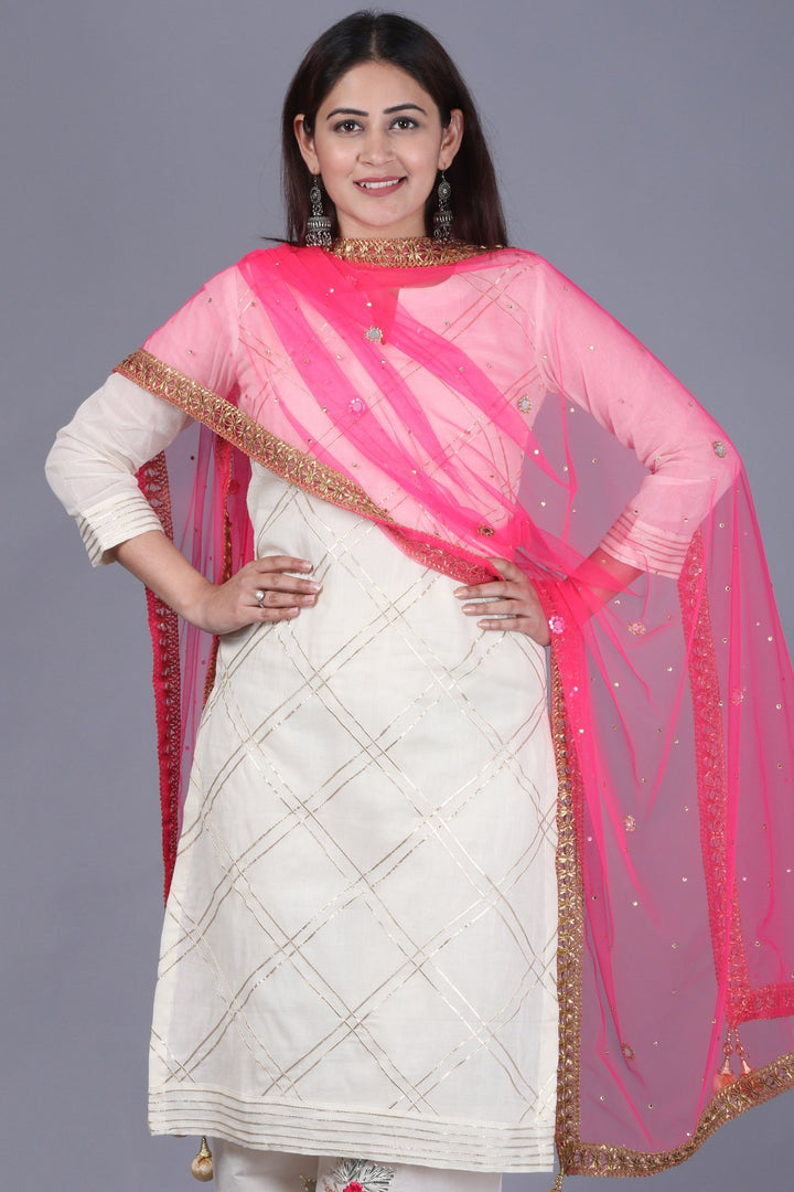 anokherang Combos XS Ivory Treasure Gotta Kurti with Gotta Embroidered Palazzo and Pink Mirror Stone Net Dupatta