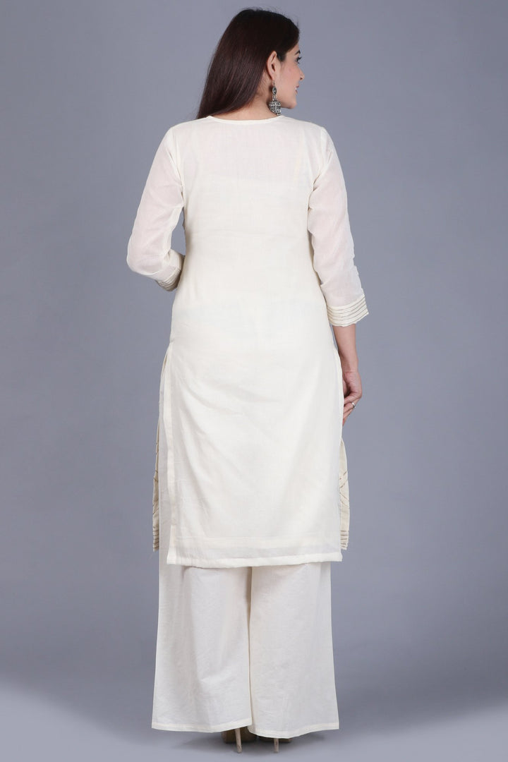 anokherang Combos XS Ivory Treasure Gotta Kurti with Gotta Embroidered Palazzo and Red Mirror Stone Net Dupatta