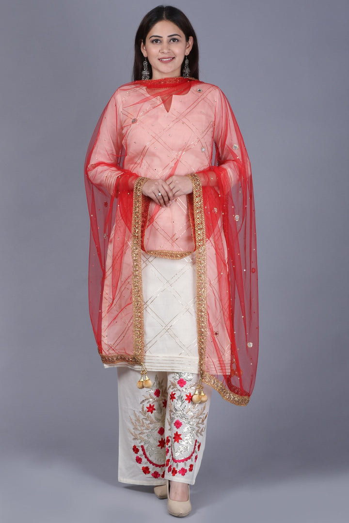 anokherang Combos XS Ivory Treasure Gotta Kurti with Gotta Embroidered Palazzo and Red Mirror Stone Net Dupatta
