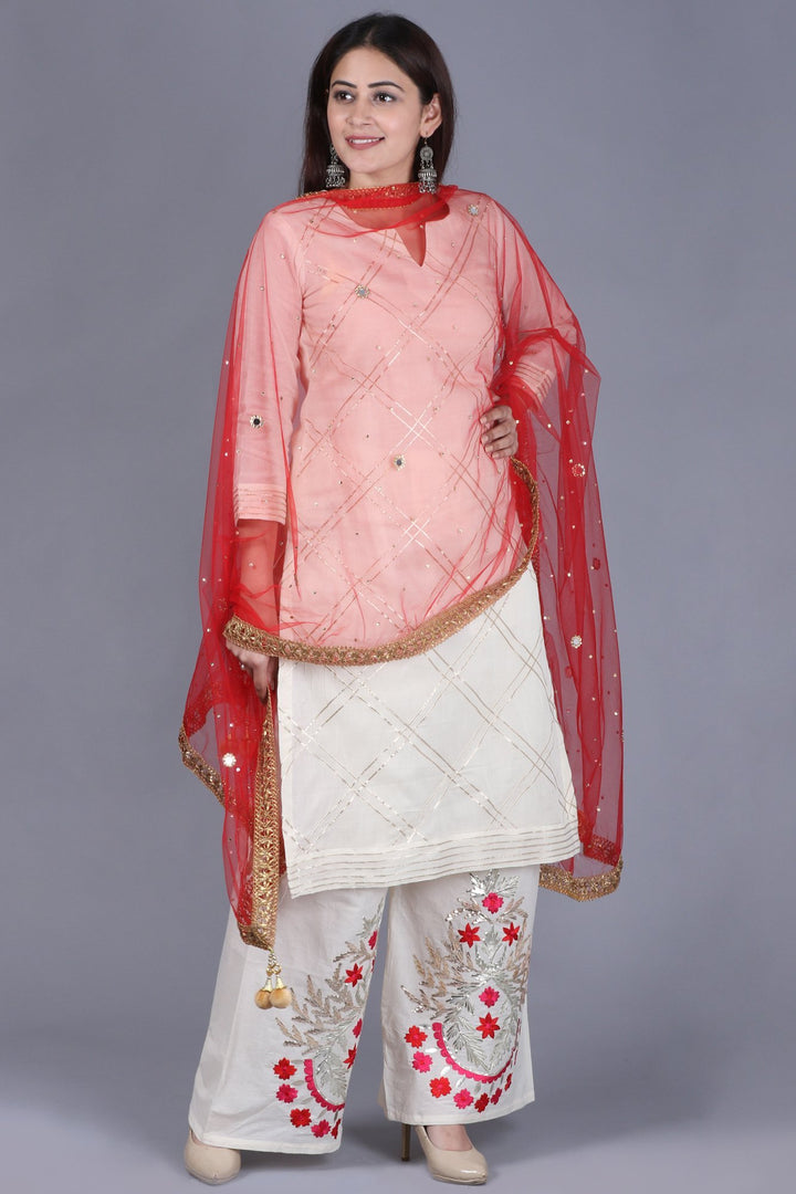 anokherang Combos XS Ivory Treasure Gotta Kurti with Gotta Embroidered Palazzo and Red Mirror Stone Net Dupatta
