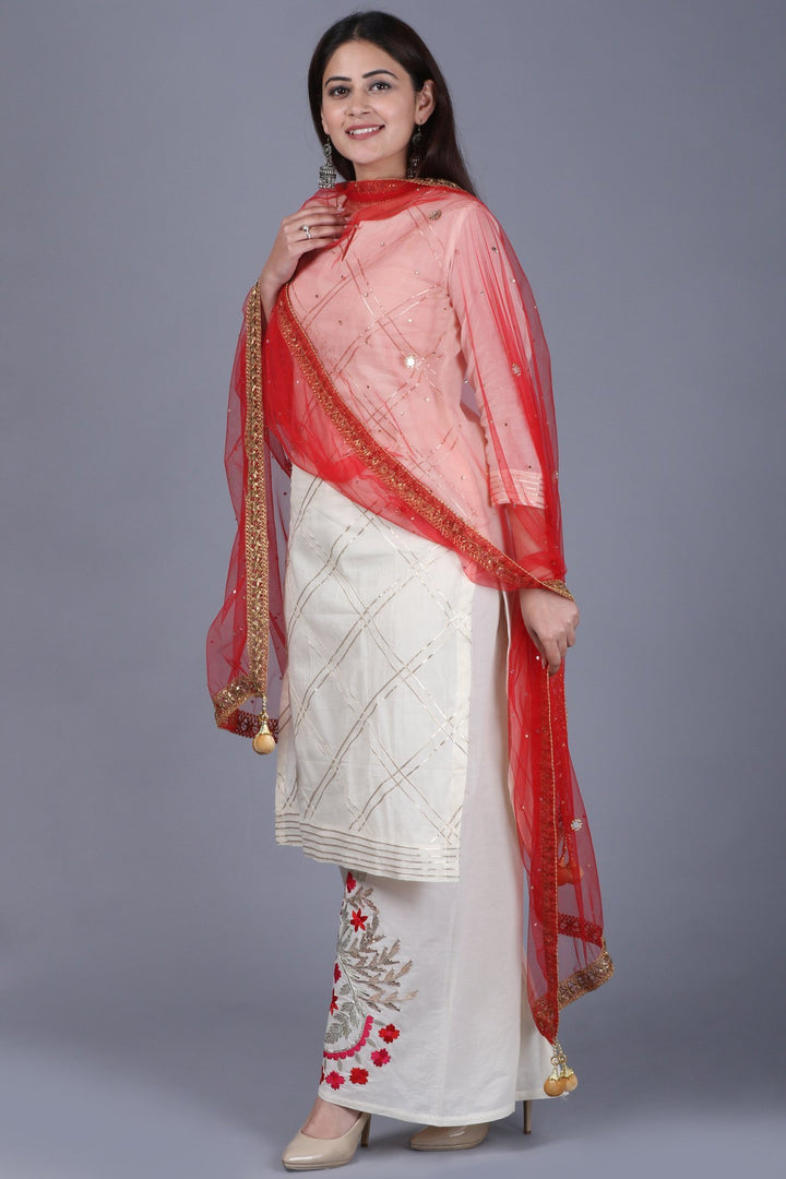 anokherang Combos XS Ivory Treasure Gotta Kurti with Gotta Embroidered Palazzo and Red Mirror Stone Net Dupatta