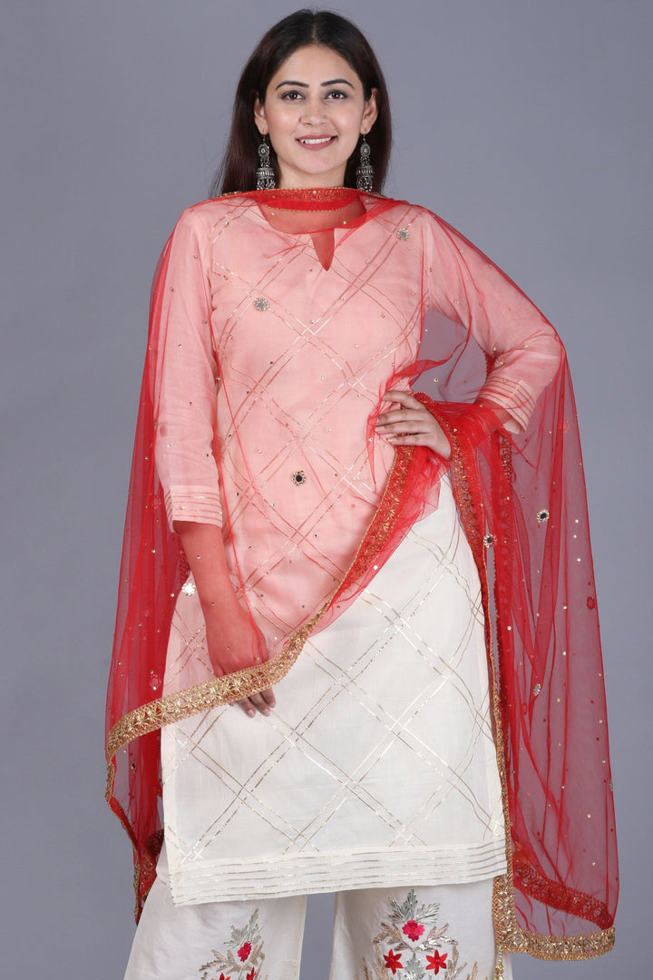 anokherang Combos XS Ivory Treasure Gotta Kurti with Gotta Embroidered Palazzo and Red Mirror Stone Net Dupatta