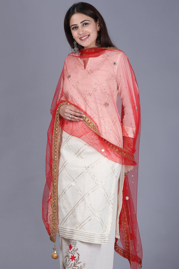 anokherang Combos XS Ivory Treasure Gotta Kurti with Gotta Embroidered Palazzo and Red Mirror Stone Net Dupatta