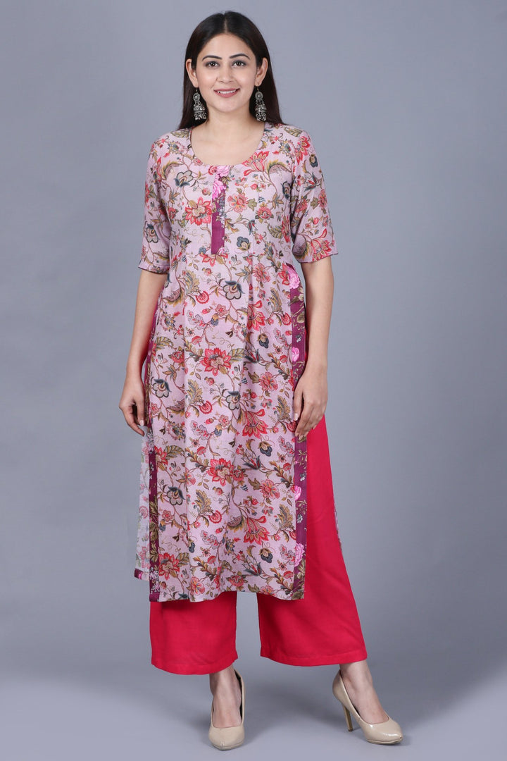 anokherang Combos XS Lavender Burst Floral Kurti with Straight Pants