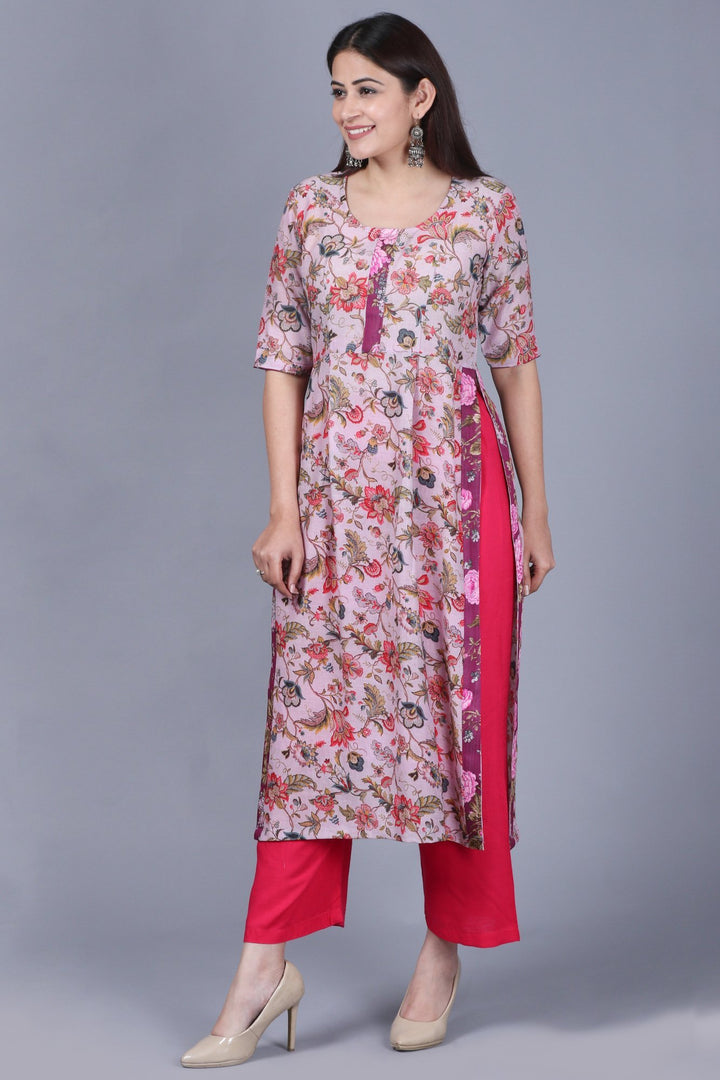 anokherang Combos XS Lavender Burst Floral Kurti with Straight Pants