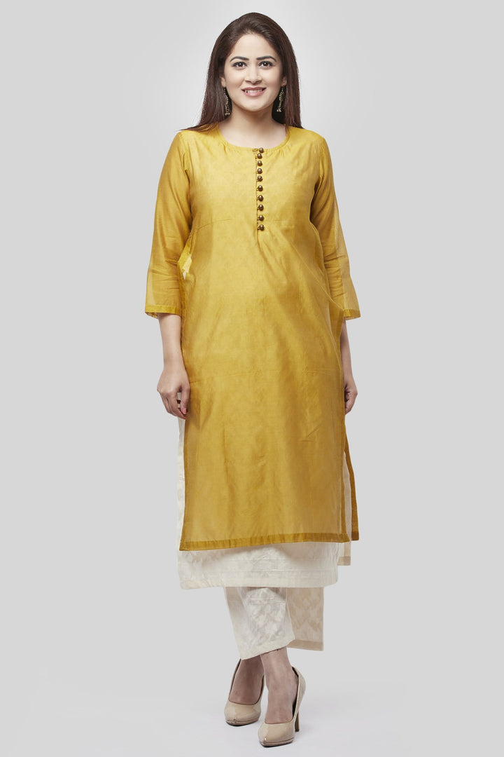 anokherang Combos XS Medallion Double Layer Chanderi Kurti with Self Print Straight Palazzo