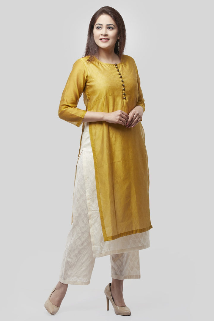 anokherang Combos XS Medallion Double Layer Chanderi Kurti with Self Print Straight Palazzo