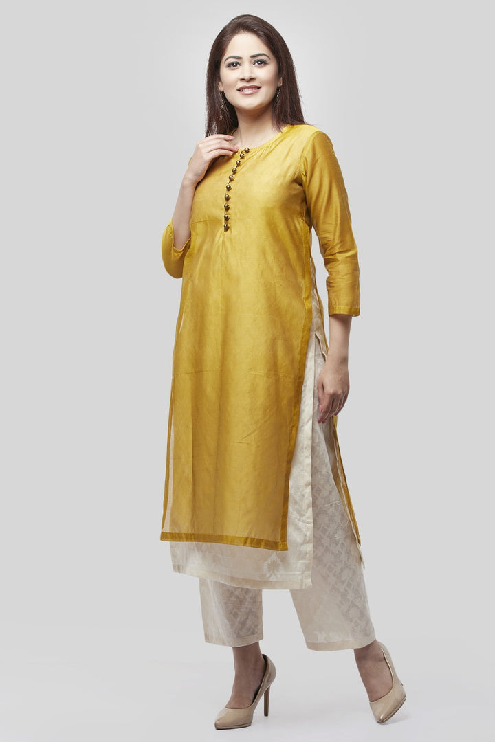 anokherang Combos XS Medallion Double Layer Chanderi Kurti with Self Print Straight Palazzo