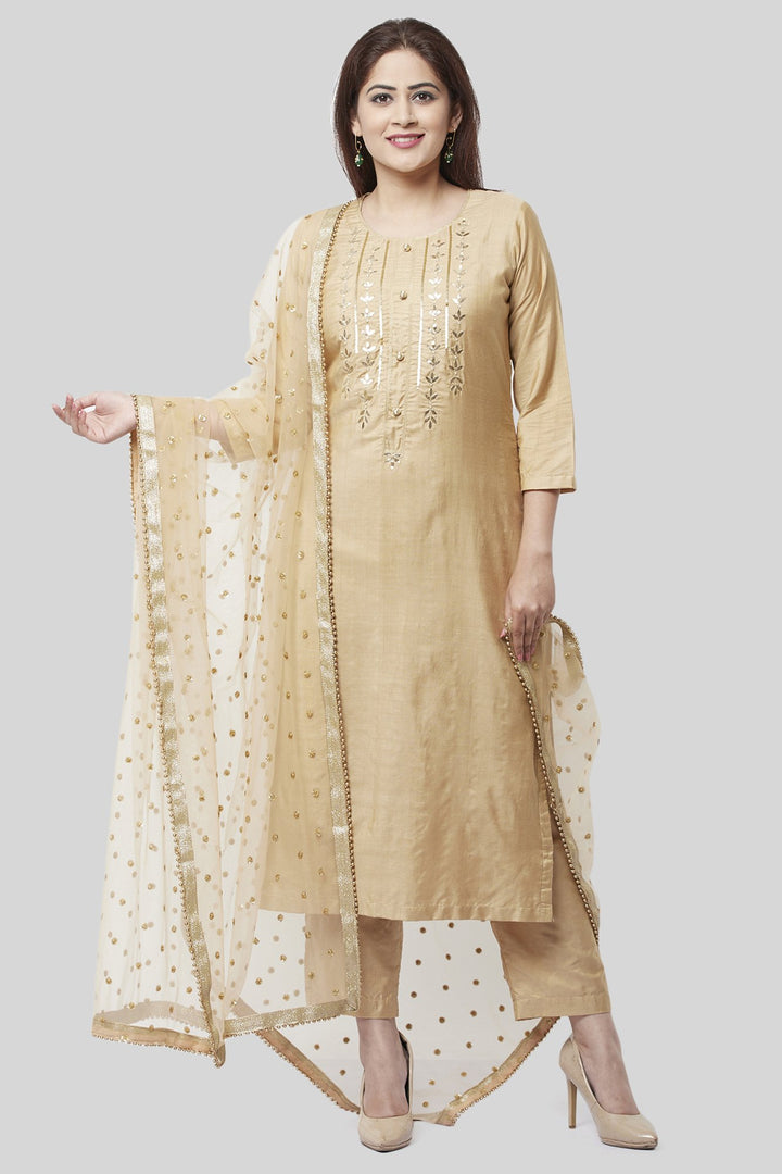 anokherang Combos XS Mellow Gold Embroidered Kurti and Straight Pants with Mellow Sequenced Net Dupatta