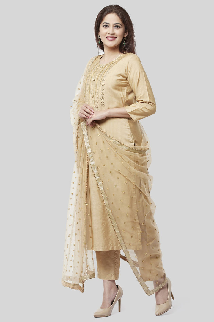 anokherang Combos XS Mellow Gold Embroidered Kurti and Straight Pants with Mellow Sequenced Net Dupatta