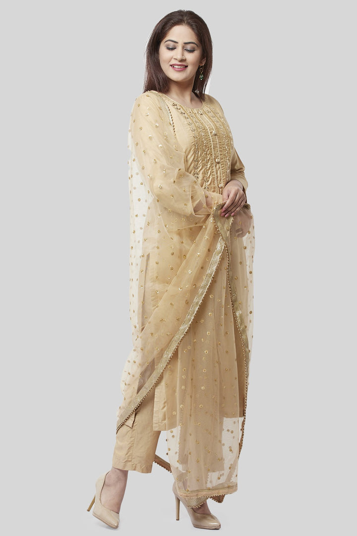anokherang Combos XS Mellow Gold Embroidered Kurti and Straight Pants with Mellow Sequenced Net Dupatta