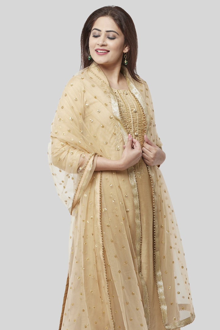 anokherang Combos XS Mellow Gold Embroidered Kurti and Straight Pants with Mellow Sequenced Net Dupatta