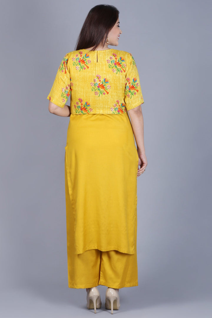 anokherang Combos XS Mustard Birds Cape Straight Kurti with Straight Palazzos