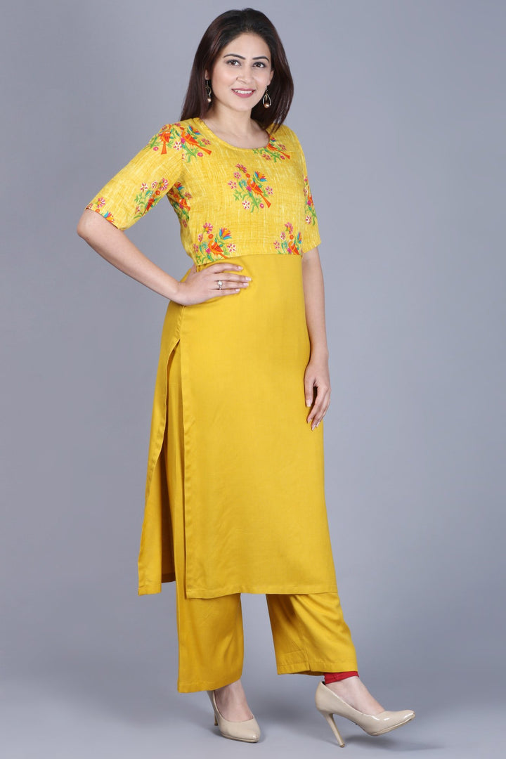 anokherang Combos XS Mustard Birds Cape Straight Kurti with Straight Palazzos