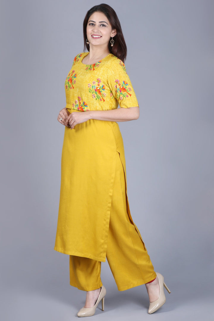 anokherang Combos XS Mustard Birds Cape Straight Kurti with Straight Palazzos