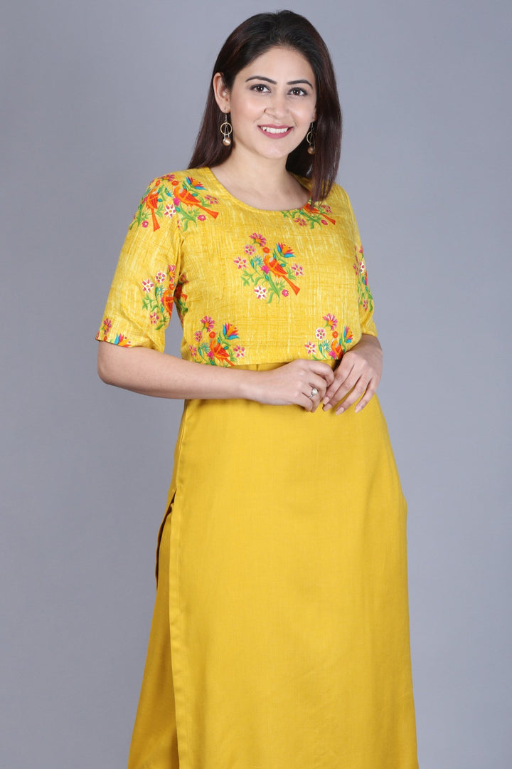 anokherang Combos XS Mustard Birds Cape Straight Kurti with Straight Palazzos