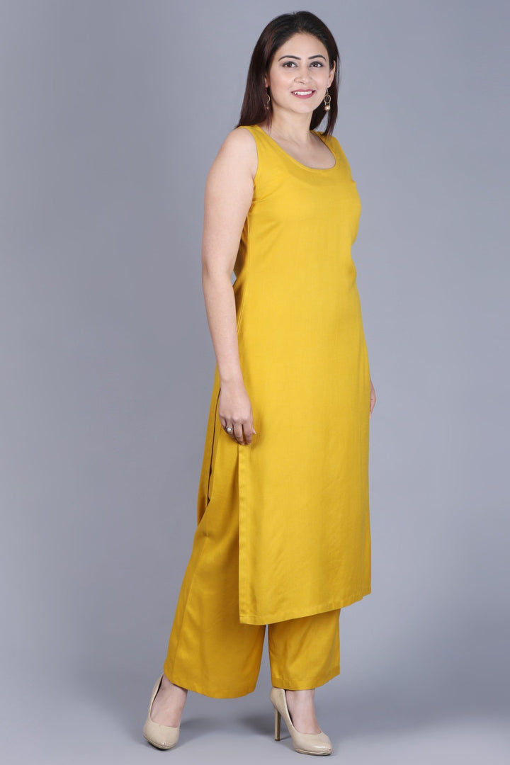 anokherang Combos XS Mustard Fire Straight Rayon Kurti with Straight Palazzo
