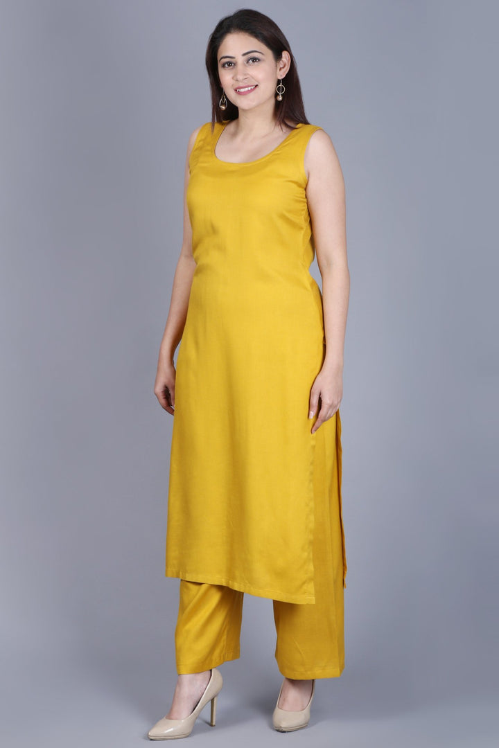 anokherang Combos XS Mustard Fire Straight Rayon Kurti with Straight Palazzo