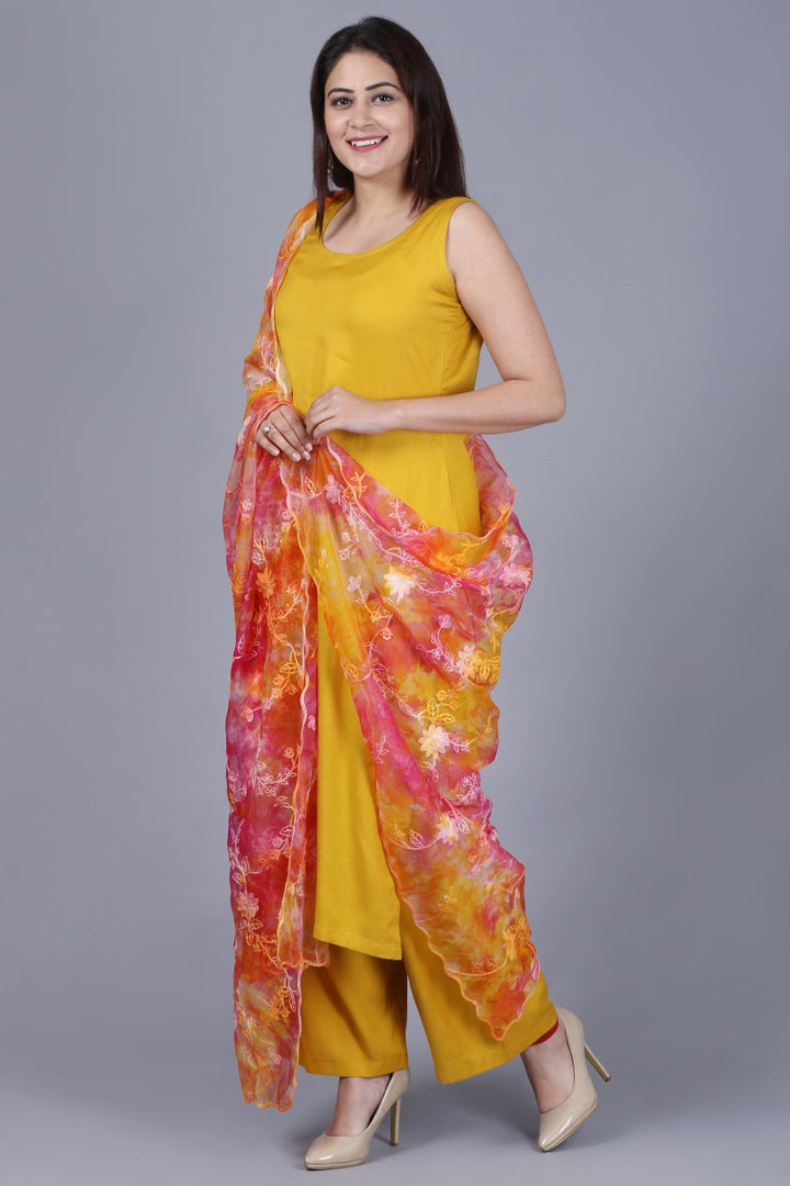 anokherang Combos XS Mustard Fire Straight Rayon Kurti with Straight Palazzo and Tie $ Dye Floral Embroidered Organza Dupatta