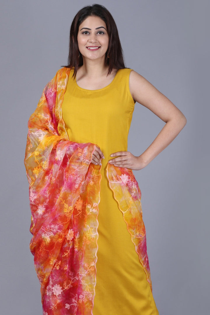 anokherang Combos XS Mustard Fire Straight Rayon Kurti with Straight Palazzo and Tie $ Dye Floral Embroidered Organza Dupatta
