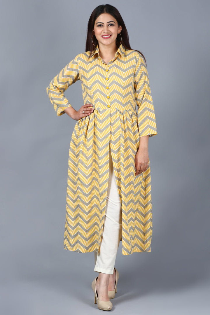 anokherang Combos XS Mustard Grey Zig-Zag Gathered Kurti with Straight Pant