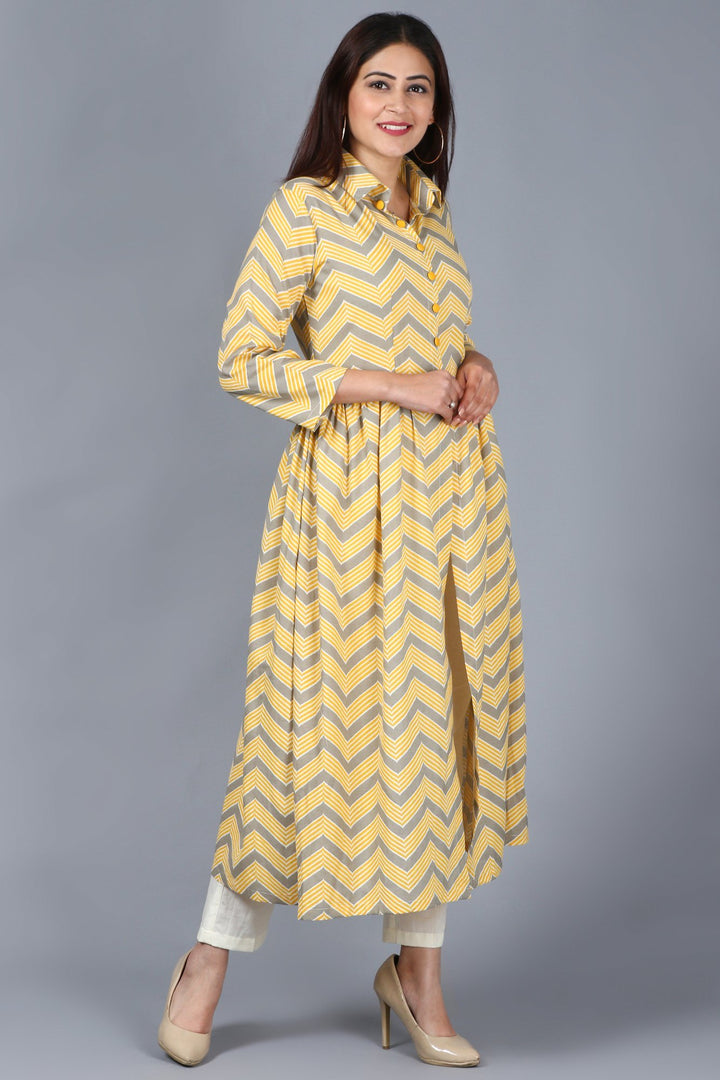 anokherang Combos XS Mustard Grey Zig-Zag Gathered Kurti with Straight Pant