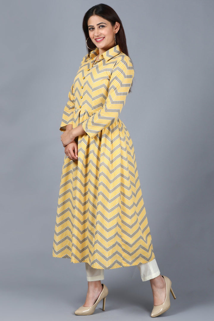 anokherang Combos XS Mustard Grey Zig-Zag Gathered Kurti with Straight Pant