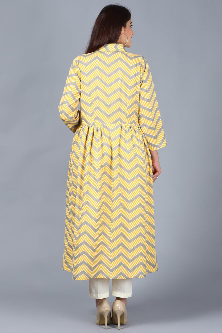 anokherang Combos XS Mustard Grey Zig-Zag Gathered Kurti with Straight Pant