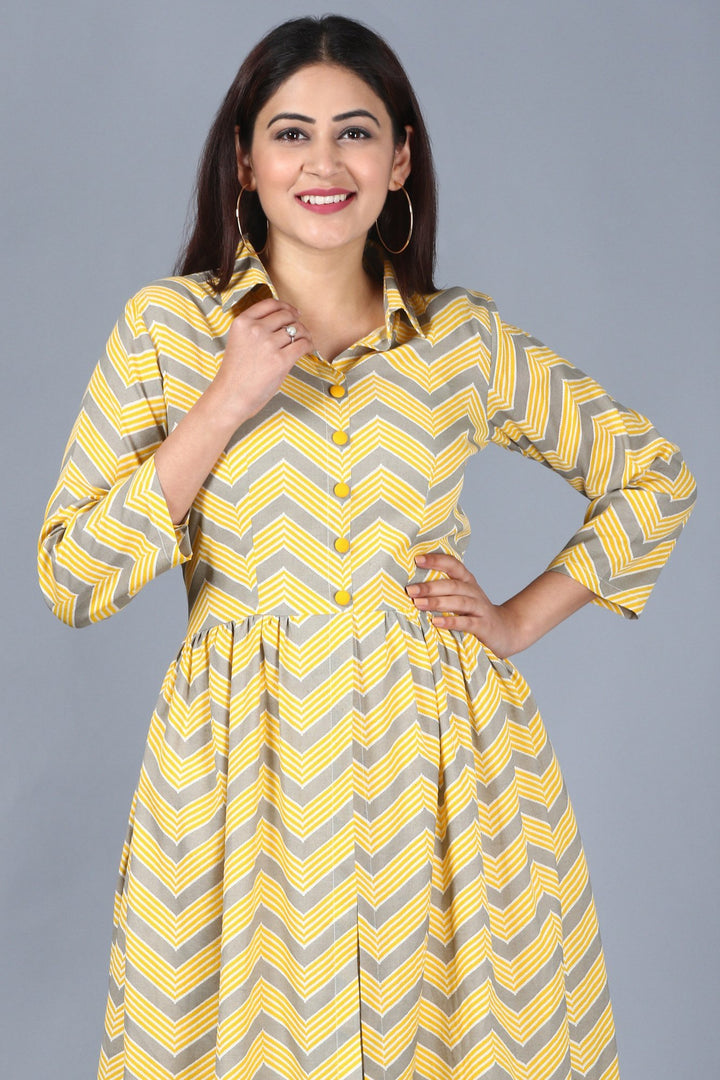 anokherang Combos XS Mustard Grey Zig-Zag Gathered Kurti with Straight Pant