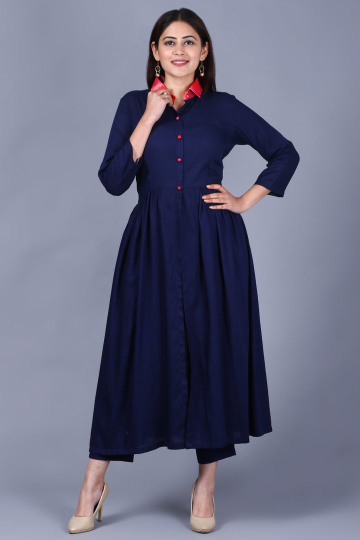 anokherang Combos XS Navy Blue Ikkat Gathered Kurti with Straight Pants