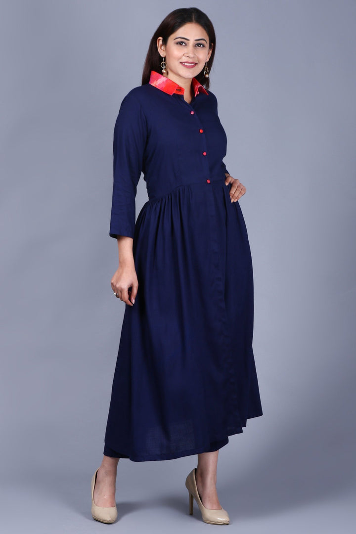 anokherang Combos XS Navy Blue Ikkat Gathered Kurti with Straight Pants