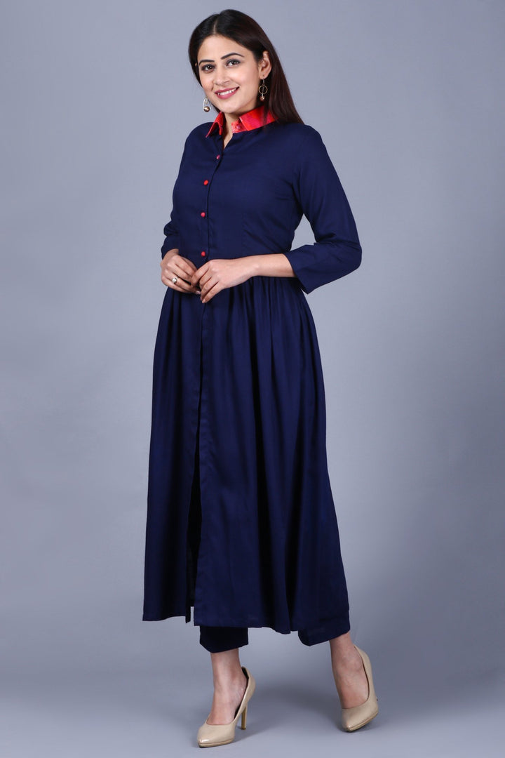 anokherang Combos XS Navy Blue Ikkat Gathered Kurti with Straight Pants