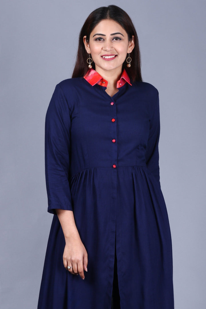 anokherang Combos XS Navy Blue Ikkat Gathered Kurti with Straight Pants