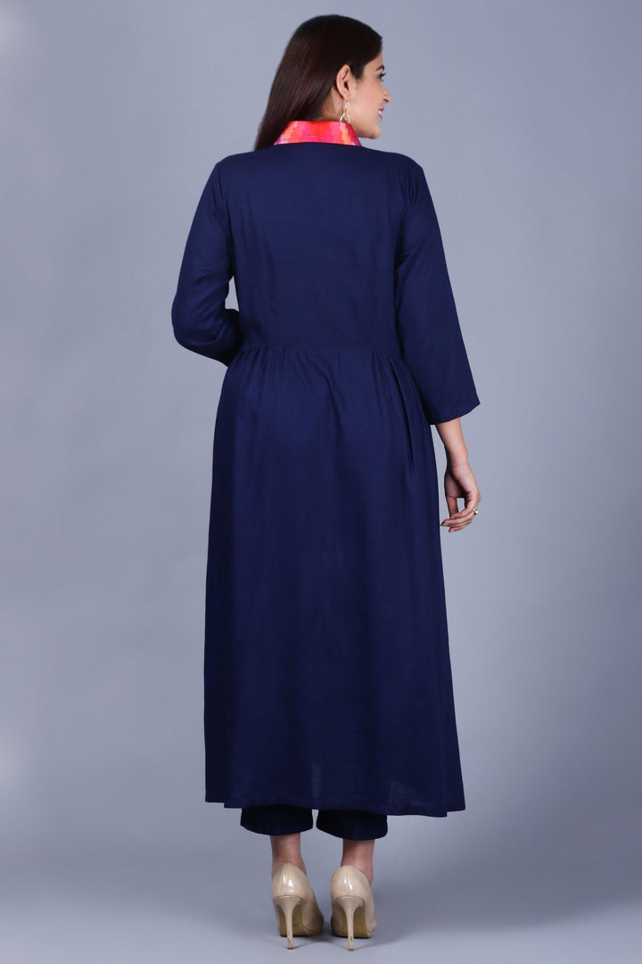 anokherang Combos XS Navy Blue Ikkat Gathered Kurti with Straight Pants