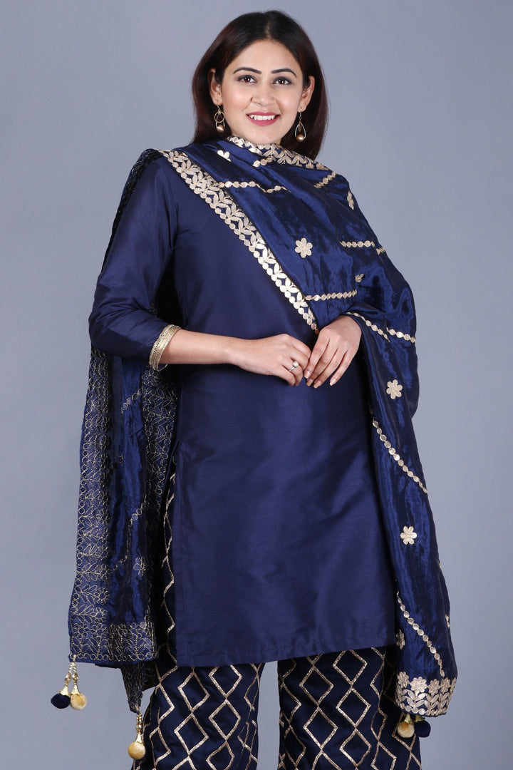 anokherang Combos XS Navy Blue Short Kurti with Embroidered Palazzos and Gotta Embroidered Silk Dupatta