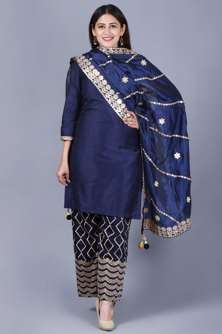 anokherang Combos XS Navy Blue Short Kurti with Embroidered Palazzos and Gotta Embroidered Silk Dupatta
