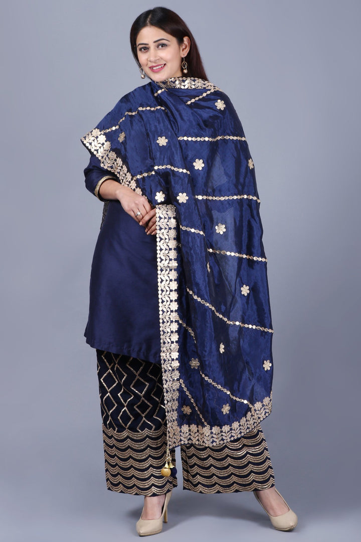 anokherang Combos XS Navy Blue Short Kurti with Embroidered Palazzos and Gotta Embroidered Silk Dupatta