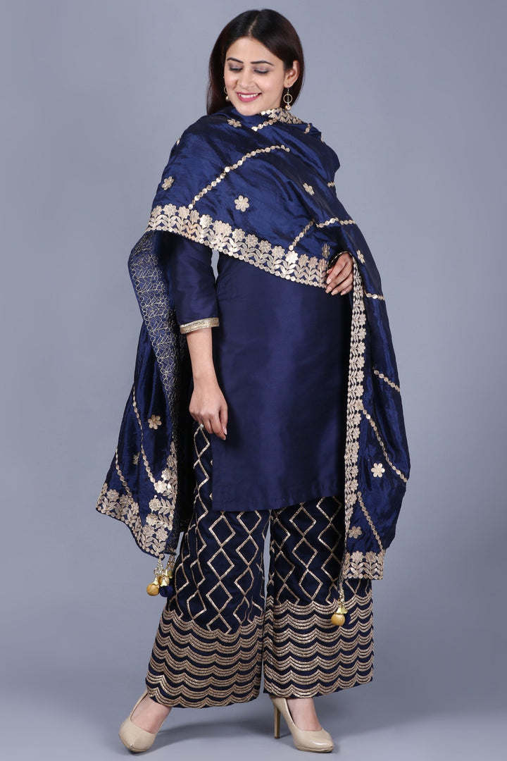 anokherang Combos XS Navy Blue Short Kurti with Embroidered Palazzos and Gotta Embroidered Silk Dupatta