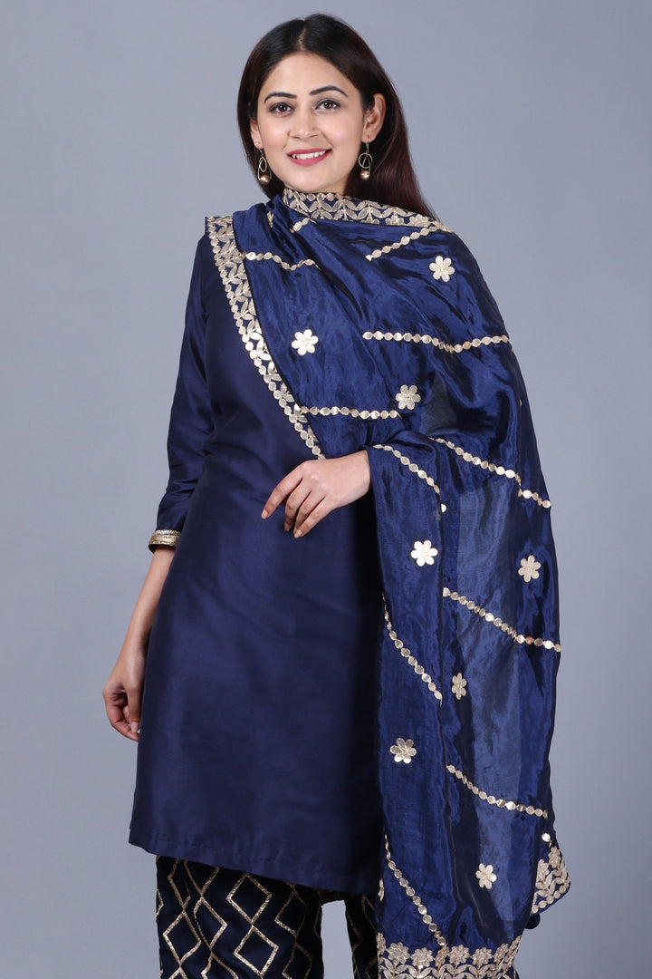 anokherang Combos XS Navy Blue Short Kurti with Embroidered Palazzos and Gotta Embroidered Silk Dupatta