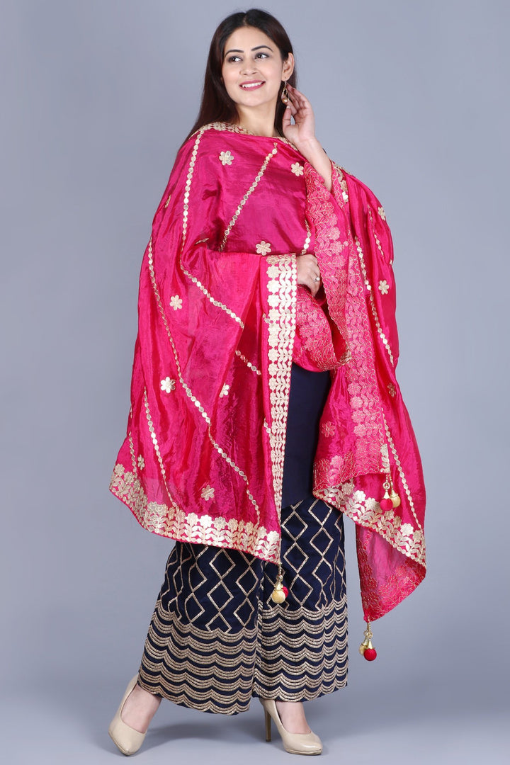 anokherang Combos XS Navy Blue Short Kurti with Embroidered Palazzos and Pink Gotta Embroidered Silk Dupatta