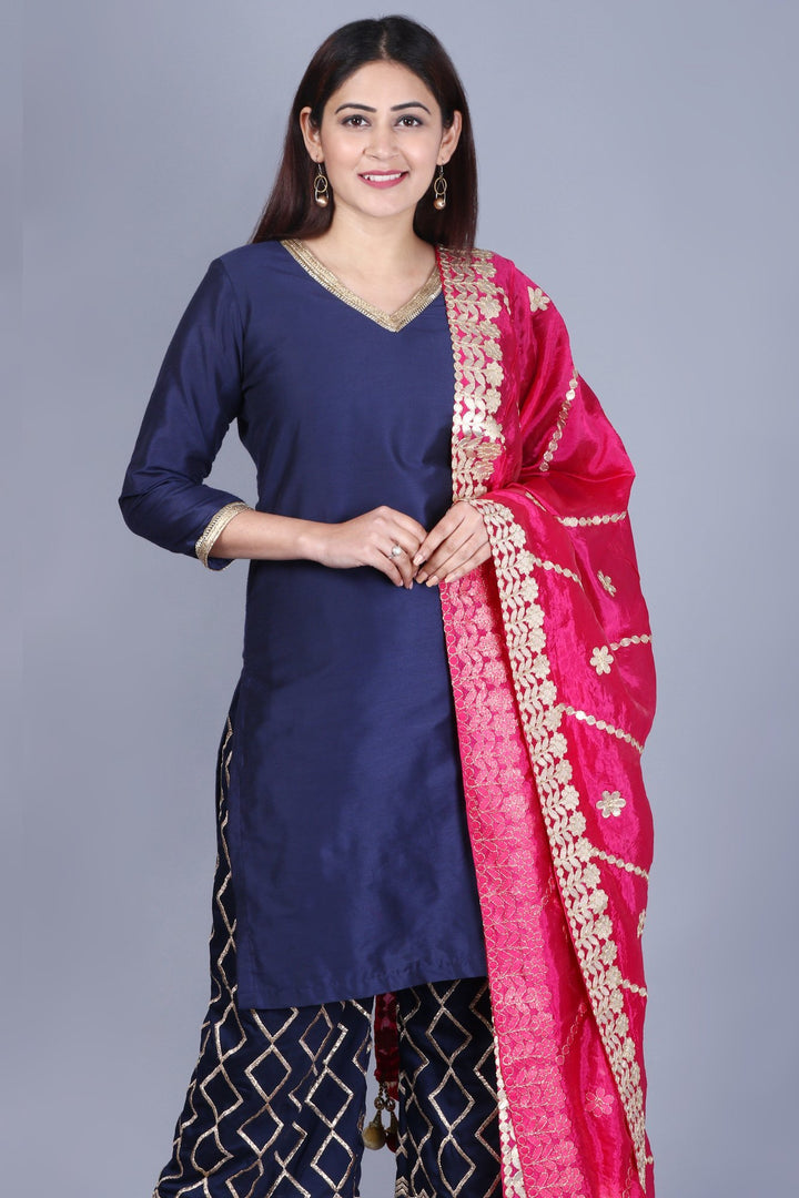 anokherang Combos XS Navy Blue Short Kurti with Embroidered Palazzos and Pink Gotta Embroidered Silk Dupatta