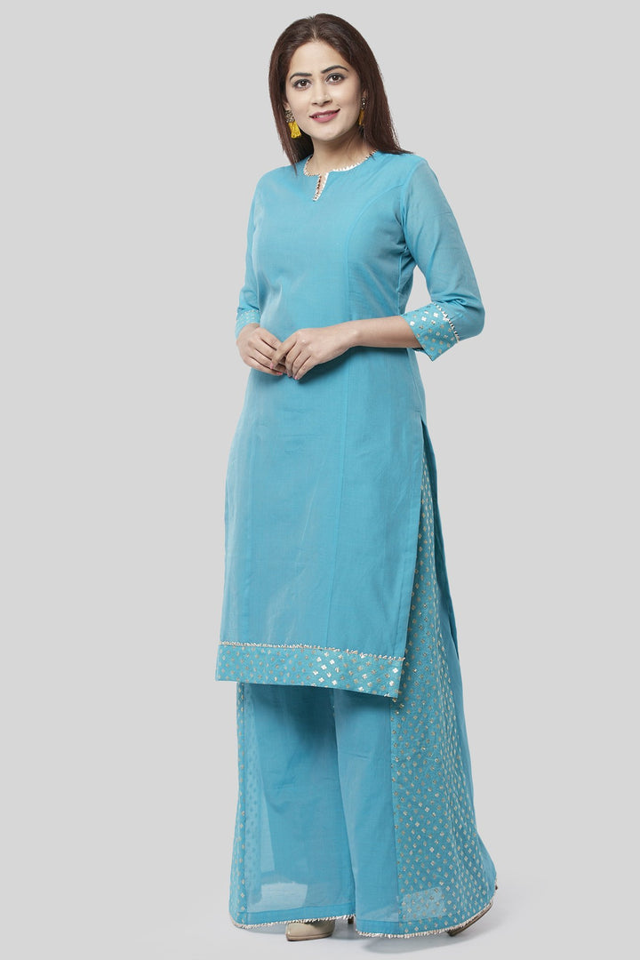anokherang Combos XS Noor Blue Straight Kurti with Golden Weaved Kalidar Palazzo