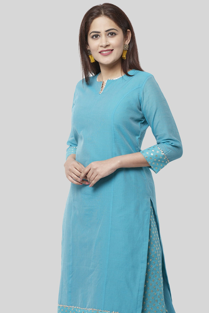 anokherang Combos XS Noor Blue Straight Kurti with Golden Weaved Kalidar Palazzo
