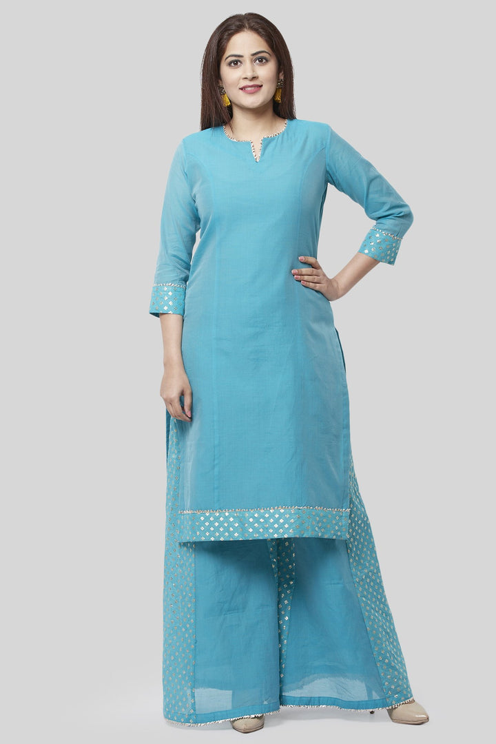 anokherang Combos XS Noor Blue Straight Kurti with Golden Weaved Kalidar Palazzo